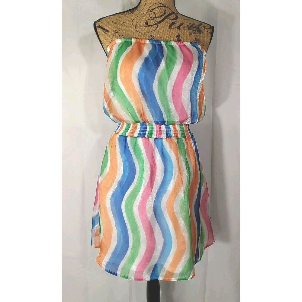 Versona Womens Wavy Multicolor‎ Stripe Strapless Chiffon Dress Size M